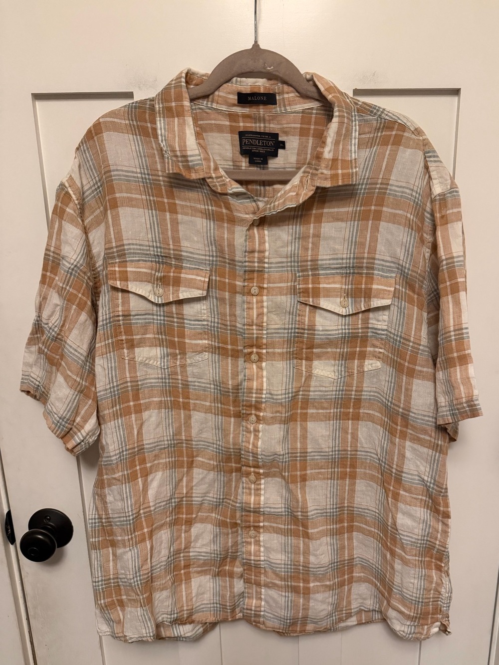 Pendleton Malone Shirt Mens XL Tan Plaid 100% Linen Short Sleeve Button Up